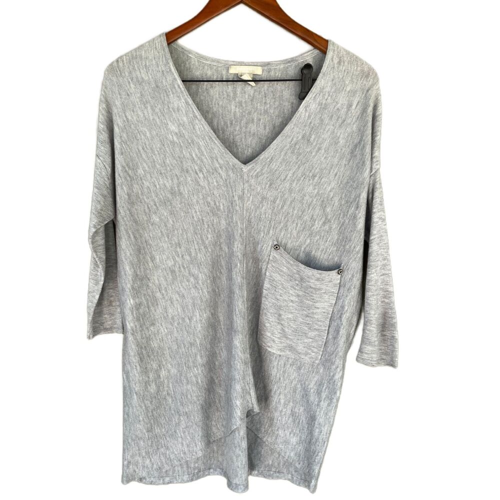 Joan Vass Grey Knit Top V-Neck 3/4 Sleeves Lightweight